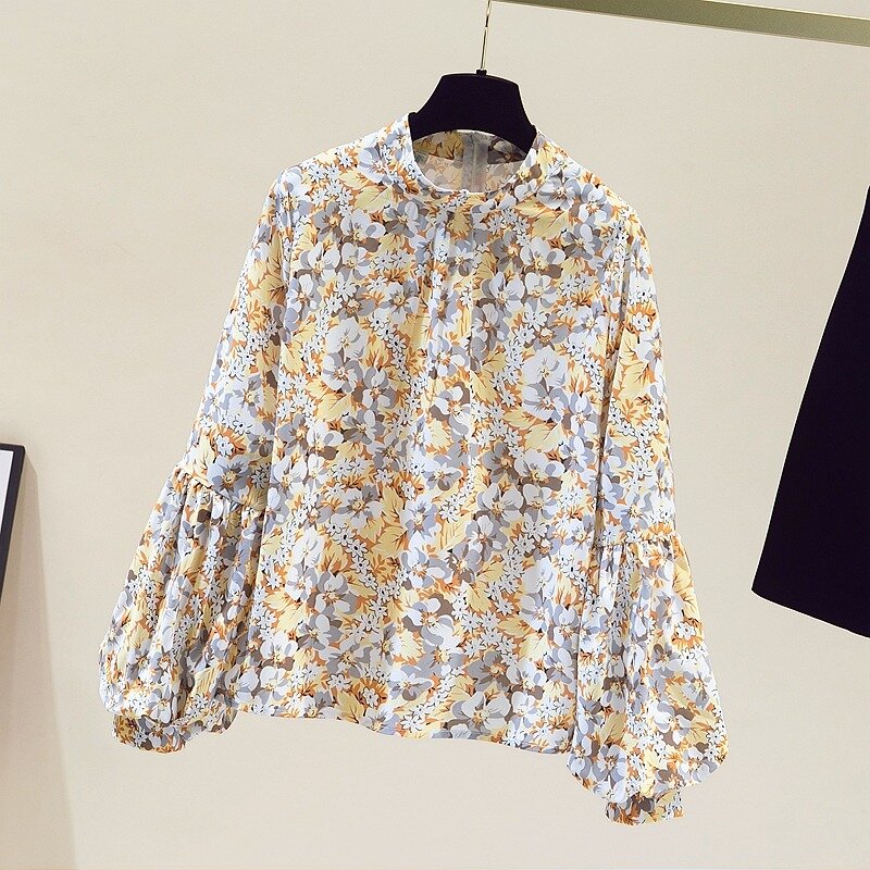 Blusa de gasa con estampado Floral para otoño, camisa holgada de manga larga con cuello levantado, estilo coreano, 2024