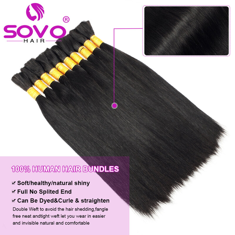 Sovo-Blackナチュラルレミーヘアエクステンション、100% 人毛、ストレートバルク、横糸なし、100g、バンドル、613