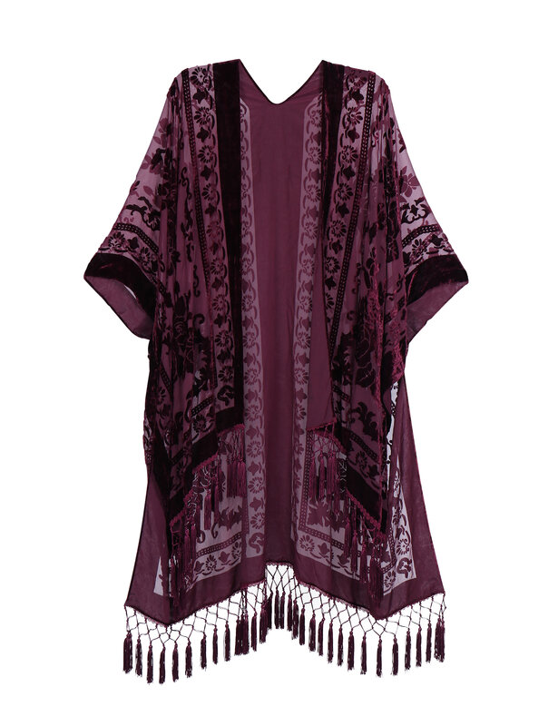 WeHello-kimono bohemio de felpa quemada para mujer, chal largo con borlas púrpuras para cubrir la playa, cárdigan informal para vacaciones, JYPF-20
