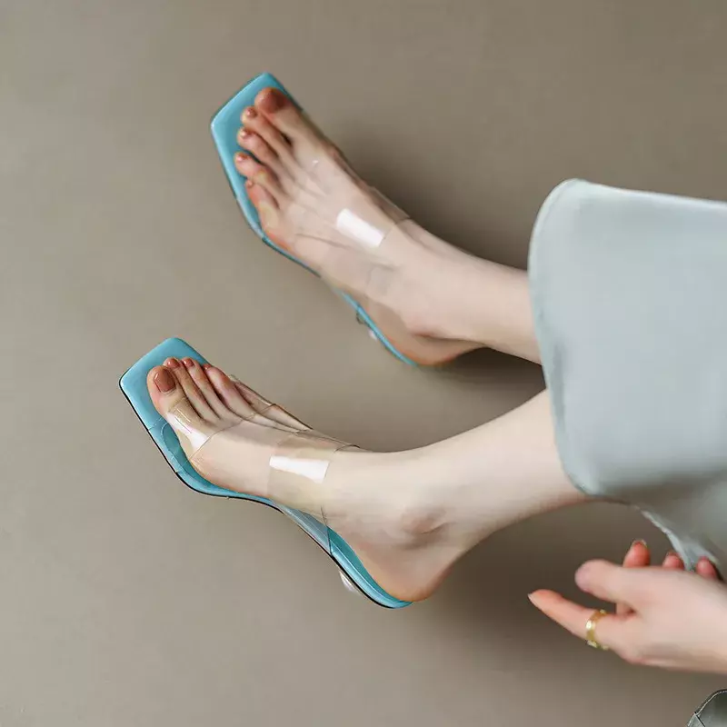 PVC transparente Open Toe sandálias de salto grosso para mulheres, chinelo de salto alto feminino, bonito, simples, verão, novo