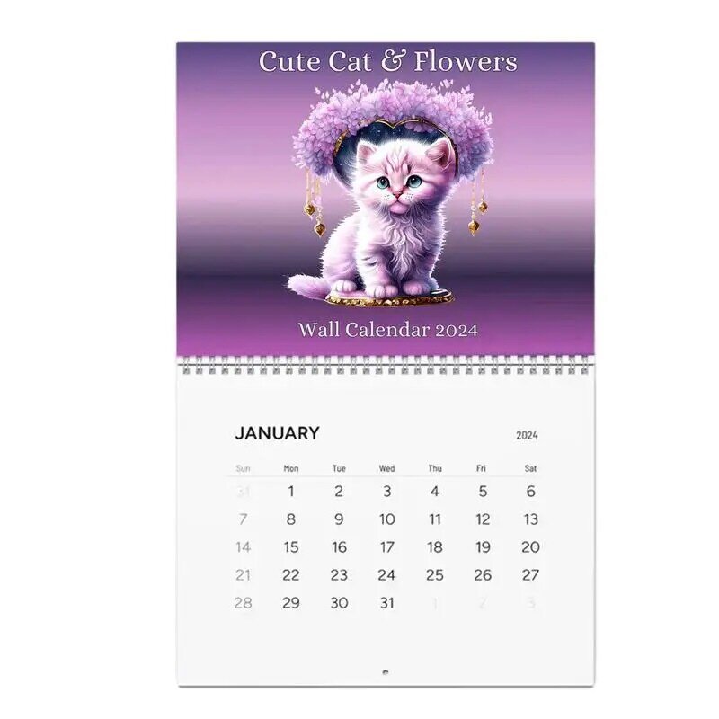 Calendario de gato con flores bonitas para pared, organizador de planificador mensual con imágenes de gato divertidas, 2024