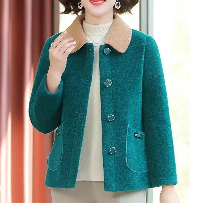 Mom's Mink Fleece Coat Women's Short 2024 New Fashionable Middle-Elderly Female Autumn and Winter Wear with Thin Fur Jacket Gree