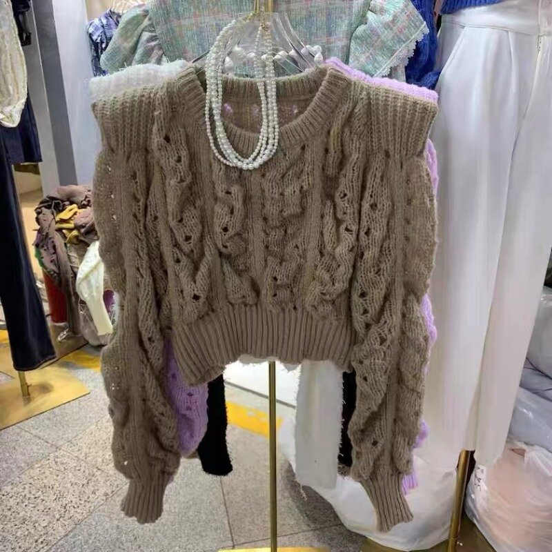 Koreaanse Mode Uitgehold Schouderpad Design Zintuiglijke Pullover Voor Dames Herfst Nieuwe Trui Met Lange Mouwen Dameskleding