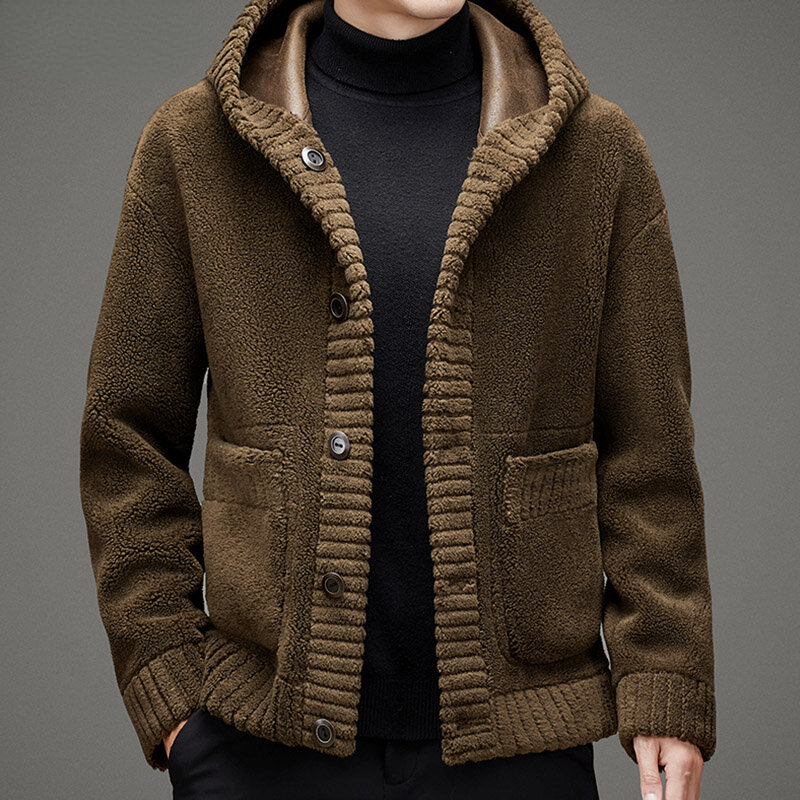 Mężczyźni 2022 jesienno-zimowa nowa dwustronna kurtka męska jednokolorowe płaszcze z kapturem męskie oryginalne wełniane futro ciepłe kurtki C250