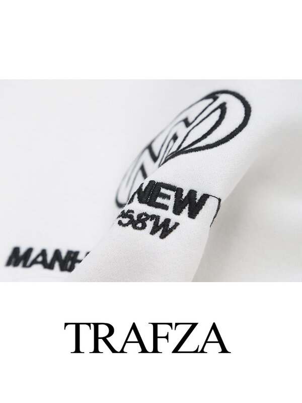 TRAFZA 여성용 솔리드 텍스트 자수 풀오버 맨투맨, 세련된 크루넥, 캐주얼 스트리트웨어 상의, 여름 패션, 2024