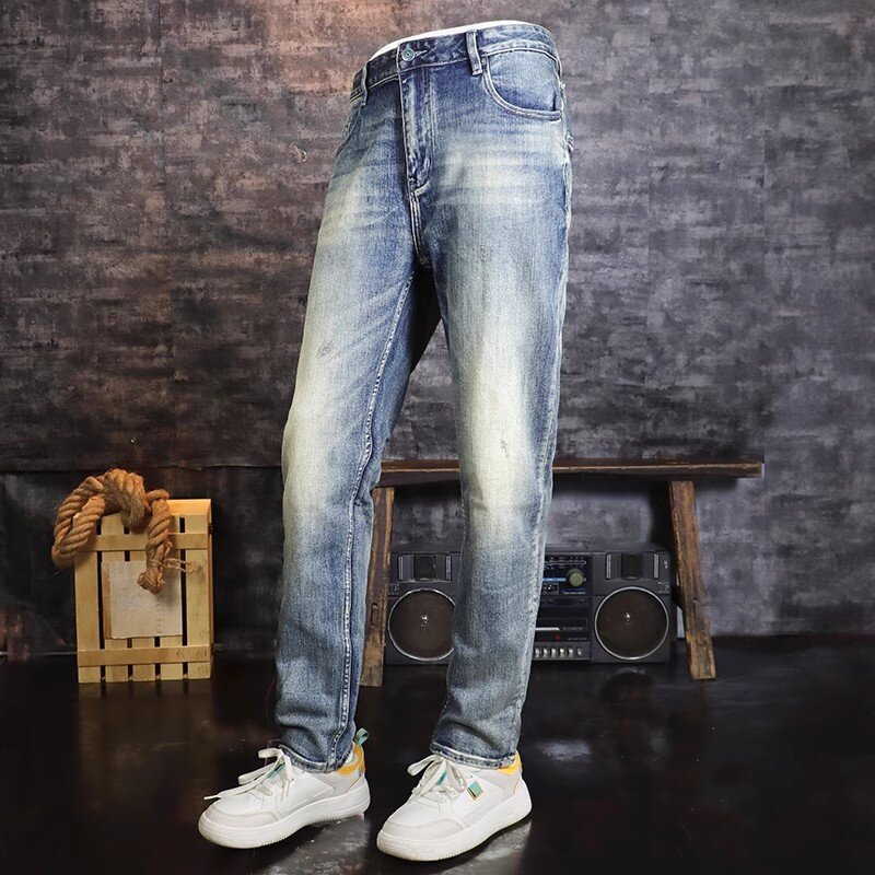 Jeans rasgado retrô lavado azul stretch skinny fit, calça vintage, calça jeans de alta qualidade, nova estilista