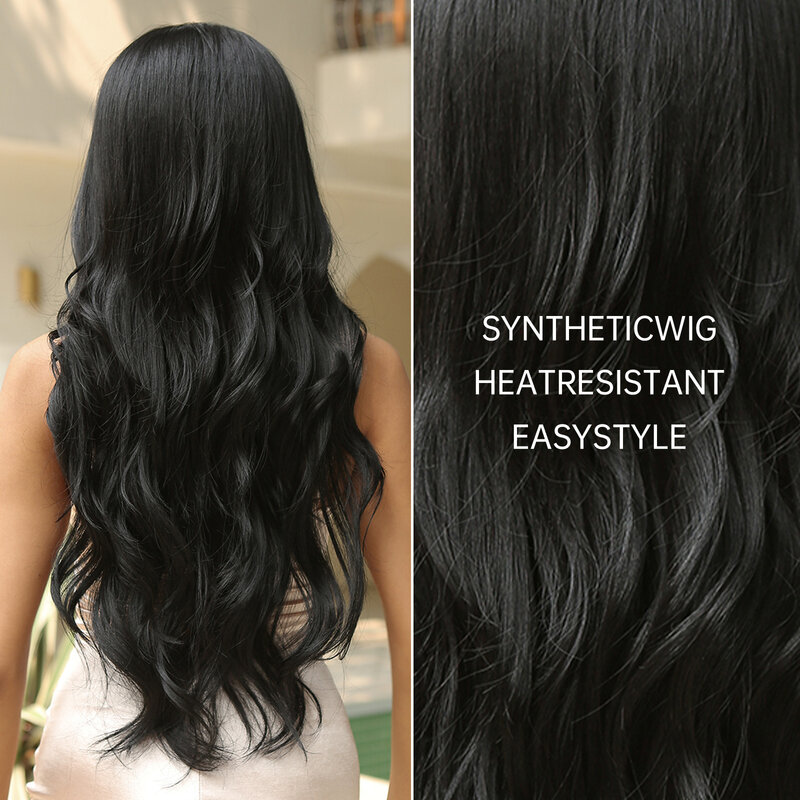 Set rambut Wig sutra, set rambut palsu hitam sedang jumlah besar bergelombang panjang keriting suhu tinggi
