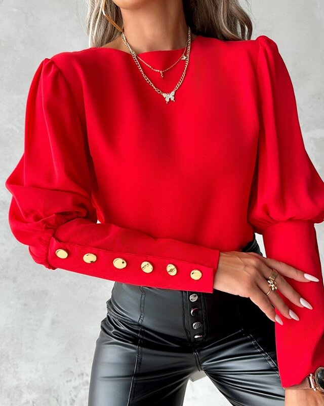 Blusa feminina com gola redonda elegante, camisas de manga comprida para senhoras, blusa com botão de metal, pulôver feminino, 2023