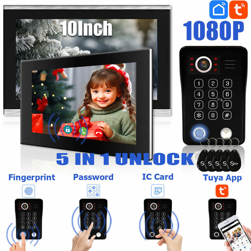 Tuya-Home جهاز اتصال داخلي فيديو بشاشة تعمل باللمس ، جرس الباب 5 في 1 ، أمن الهاتف ، 1080P ، فتح بصمات الأصابع ، واي فاي