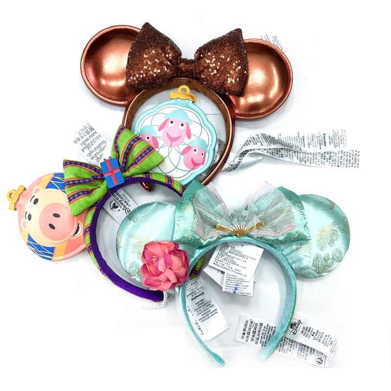 2023 Originele Disney Mickey Oren Hoofdband Disneyland Lederen Minnie Hoofdband Voor Kinderen En Volwassenen Luxe Haarband Met Lovertjes Strik
