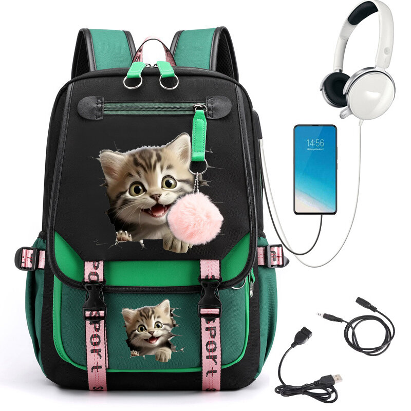 Sac à dos d'école imprimé chat, sac d'école de dessin animé mignon pour étudiants, sac à dos pour adolescents, cartable USB, ordinateur portable Anime, sacs à dos pour adolescents
