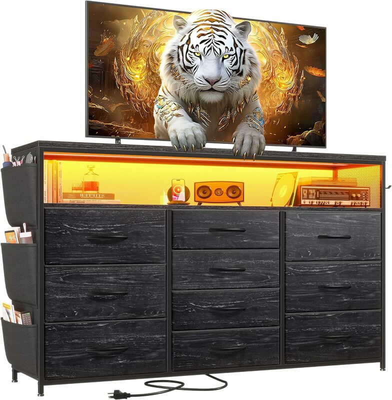 Dresser TV Stand com gavetas, TV Stand para quarto com luzes LED e Power Outlets, Wide Dresser