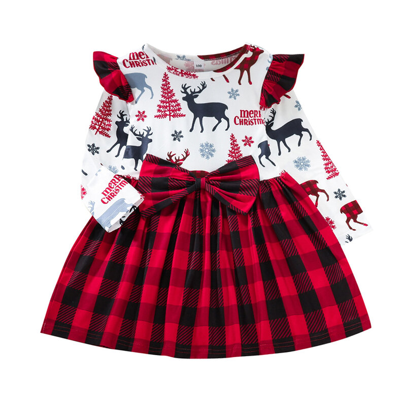 Inverno novo vestido da menina de natal fawn impressão de manga comprida saia xadrez 1-6years arco vestido de princesa crianças festa de aniversário vestidos de baile de formatura