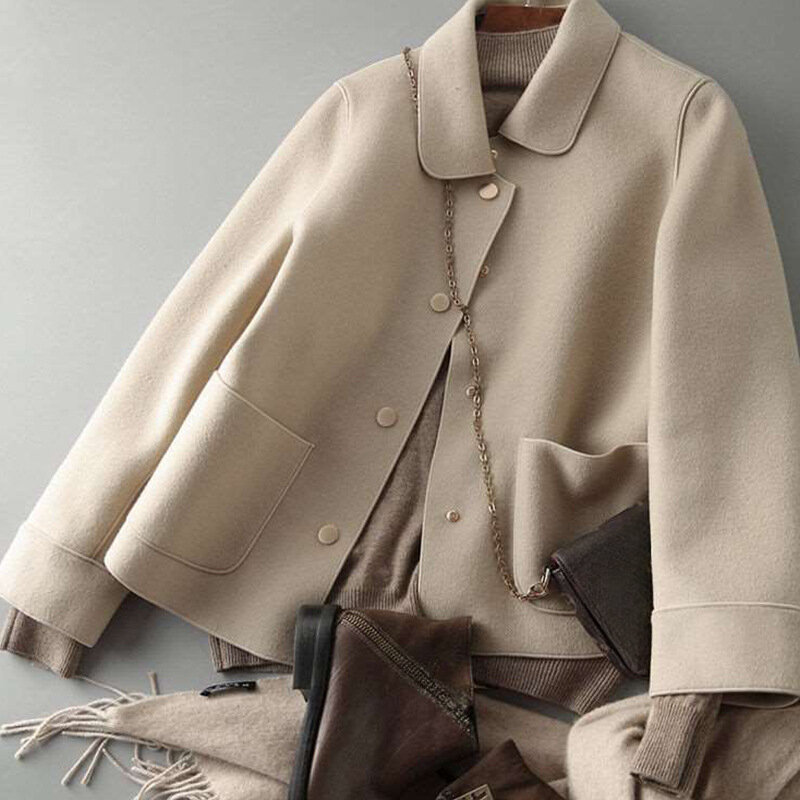 Modny elegancki płaszcz damski nowy koreański wersja prosty jednolity kolor wełniany płaszcz Temperament luźne, jesienne krótka kurtka damska 2024