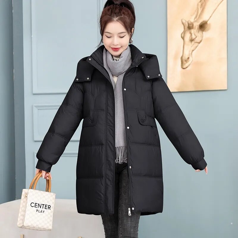 Jaqueta de algodão de comprimento médio para mulheres, casaco acolchoado solto, parkas grosso e quente, estilo coreano, novo, inverno, 2023
