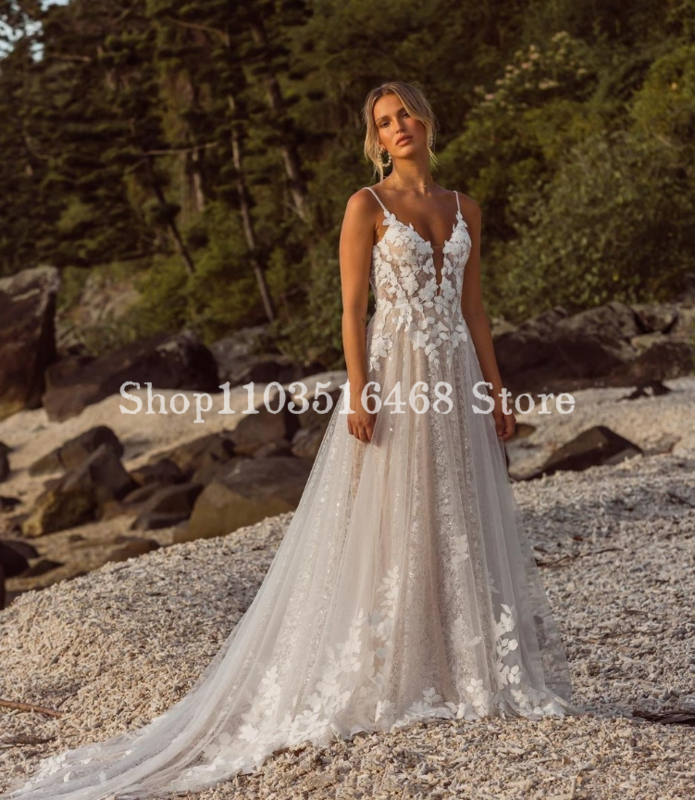 Elegantes vestidos de noiva halter femininos, trem doce de luxo, apliqueados vestidos de noiva longos boêmios, 2024
