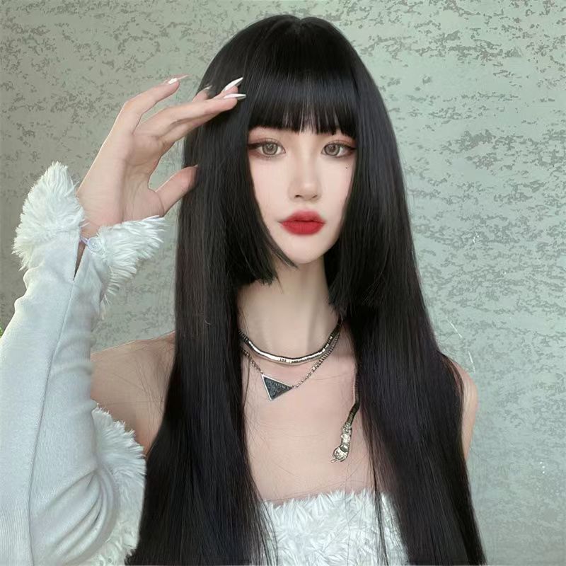 Wig rambut lurus wanita, Wig tanpa lem tahan panas sintetis tampilan alami Lolita rambut putri potongan dengan poni