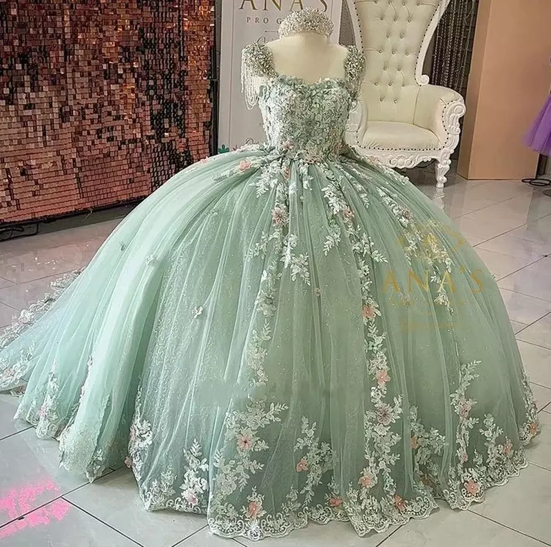 Charming Sage Green Cinderella Quinceanera Dress Glittering 3D Flowers Applique Beading Corset Sweet 16 Princess Party Ball Gown