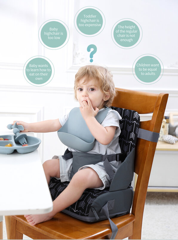 Kursi Booster bayi, kursi Booster perjalanan untuk kursi dapur, kursi PU tali dapat dicuci, gesper keamanan portabel perjalanan balita