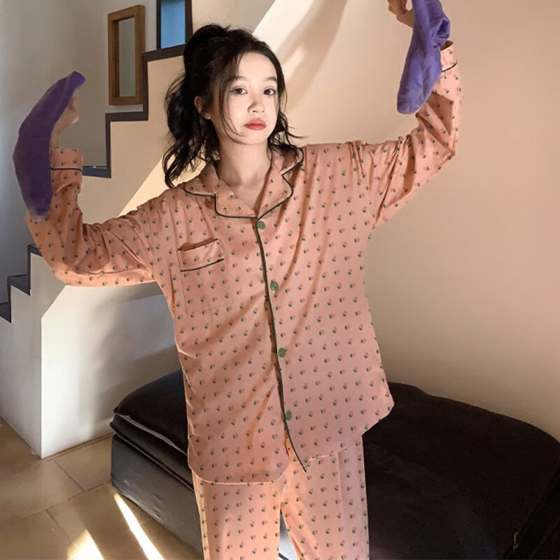 Dames Pyjama Sets Lente Zomer Herfst 2 Stuk Print Pyjama Broek Nachtkleding Lange Mouw Knopen Pjama Mujer Pjs Homewear