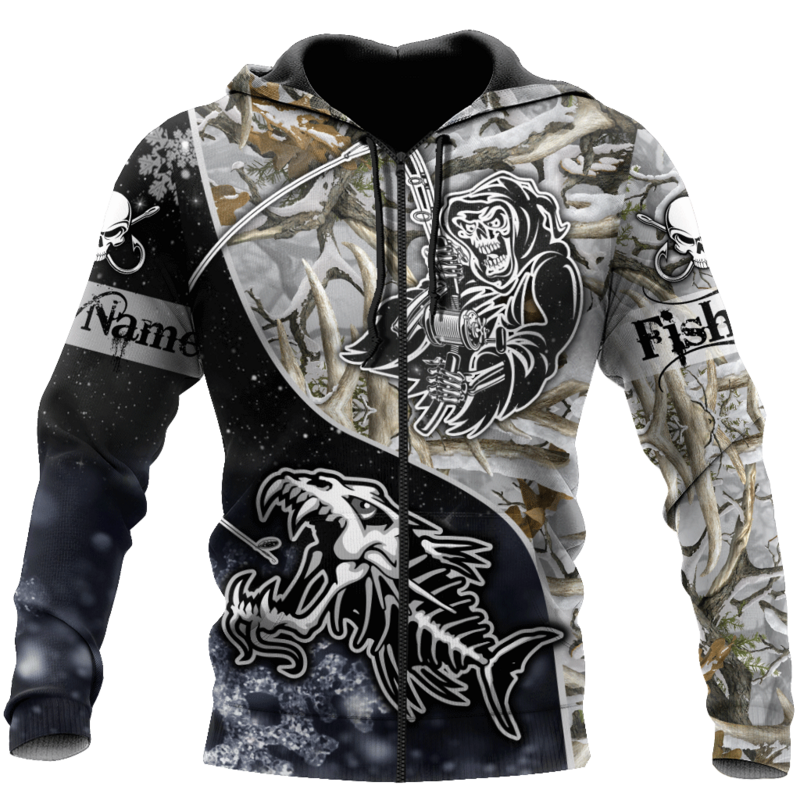 Custom Name Fishing skull Ice Camo fishing 3D Printed Men's Hoodie & Sweatshirt Autumn Unisex Zip Hoodie Casual sportswear
