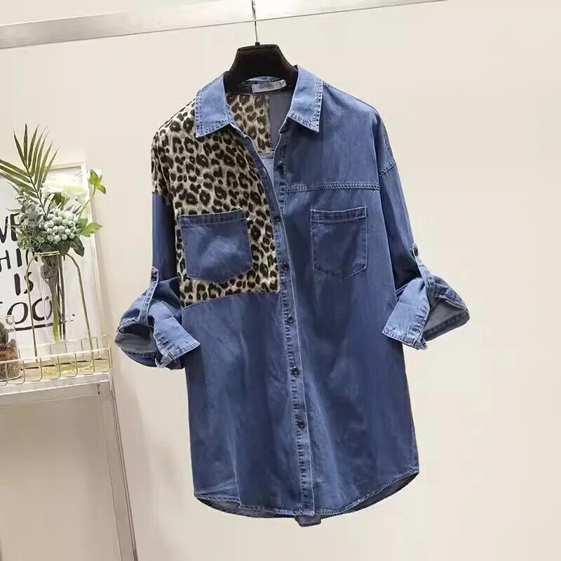 Leopard Print Patchwork Denim Shirt Women's 2024 Spring Autumn New Long sleeved Loose Cowboy Casual POLO Shirts Female