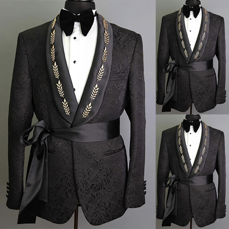 럭셔리 남성 웨딩 재킷 플로럴 자카드 블레이저, 숄, 라펠, 금속 장식 턱시도 세트, 신랑 실크 벨트 전용 코트