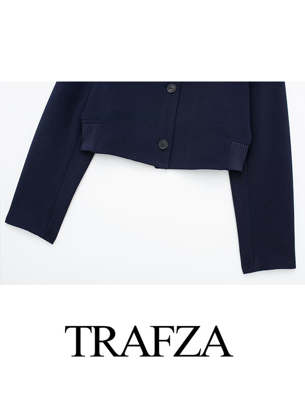 TRAFZA Female Streetwear Short Jacket Solid Turn-Down Collar Long Sleeve Fake Pocket Single Breasted Women's Spring Fashion Coat