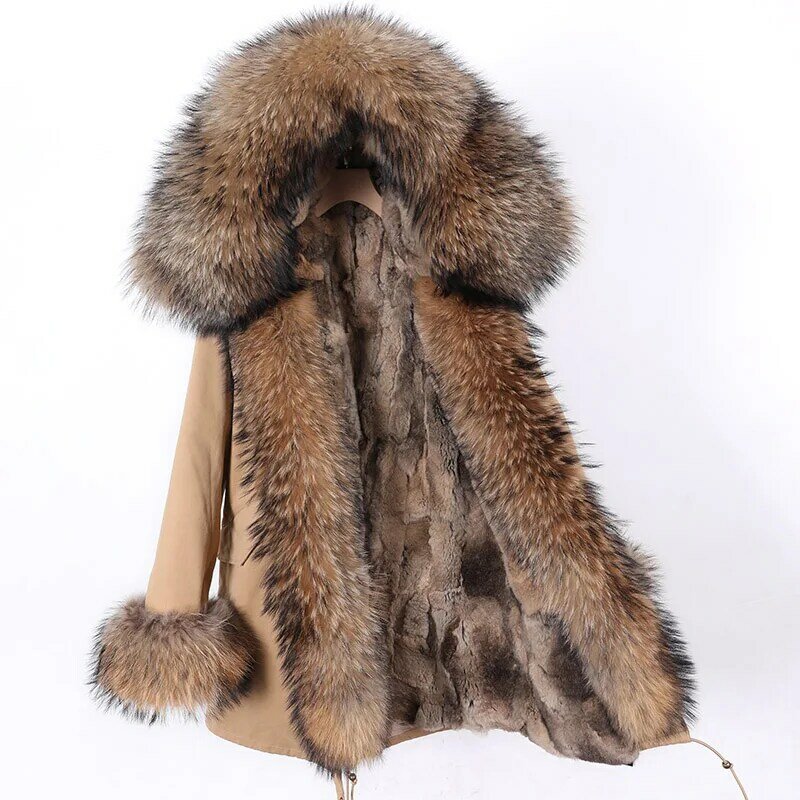 Maomaokong-Parkas largas con cuello de piel de zorro para mujer, chaqueta interior con forro de conejo, abrigo de piel de mapache Natural 2023 Real, prendas de vestir exteriores