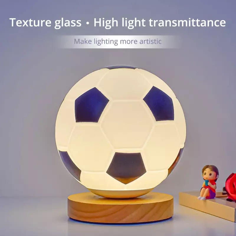 LED USB Futebol Night Light, Pequeno abajur, Circular, madeira maciça, vidro, cabeceira, quarto, estudo, decoração, iluminação, branco quente
