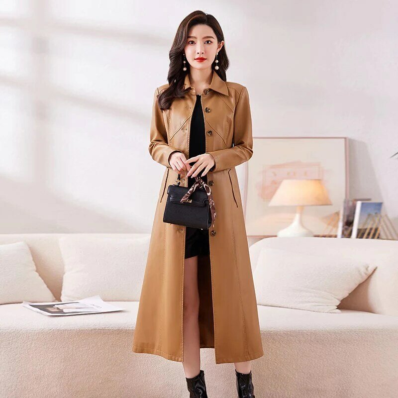 New Women Long Leather Coat Autumn Winter Fashion Turn-down Collar Single Breasted Casual Trench Coat Split Leather Overcoat