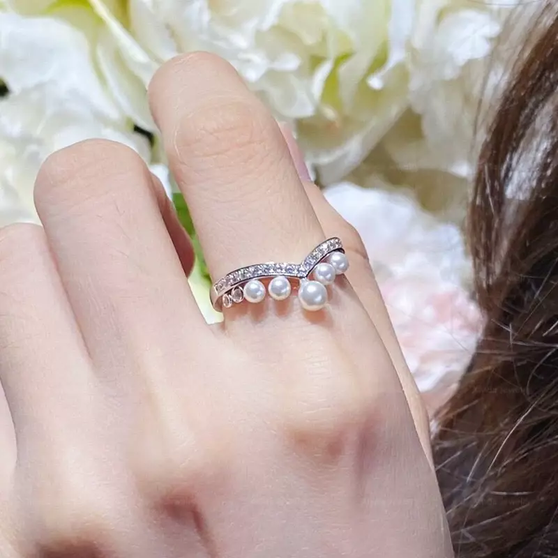 S925 anel de pérola em forma de v para mulheres, design avançado, elegante, marca fashion, joias requintadas, presente de festa