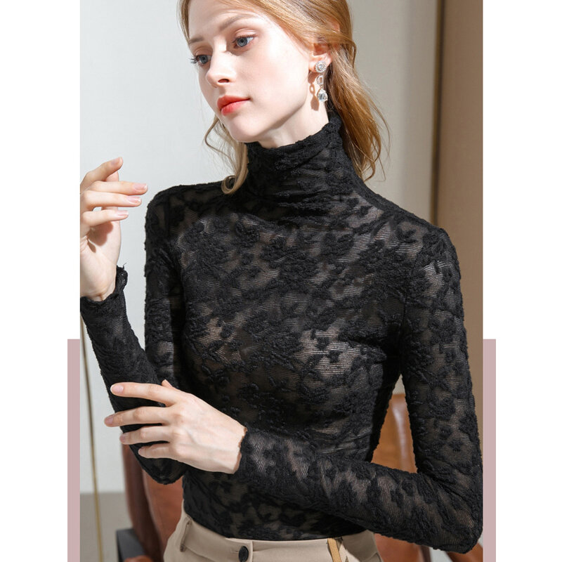 Autumn Long Sleeve Turtleneck T-Shirt Female Embroidery Lace Basic Tops Fashion Elegant Women Blouse Slim Blusas Clothing 24282