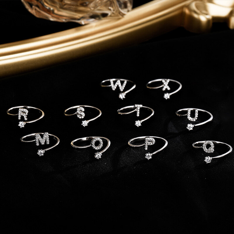 Moda 925 srebro 26 list pierścień musujące diament cyrkon otwarty pierścień palec wskazujący twój pierścionek z imionami Birthday Party biżuteria