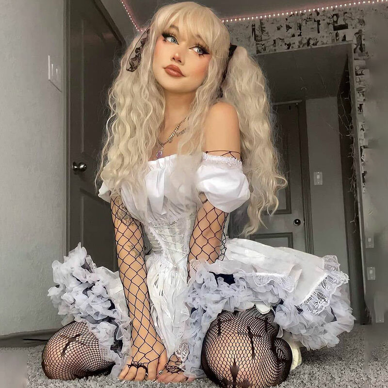 Gothic Lolita Zwarte Goth Esthetische Bladerdeeg Mouw Hoge Taille Mini Jurk Vintage Lace Trim Bandage Corset Party Dress