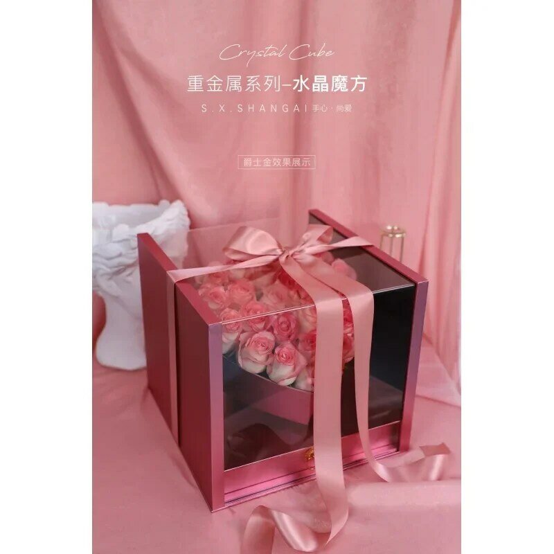 Caja de flores de ventana completa acrílica cuadrada de lujo personalizada, caja de rosas en forma de corazón en el interior, caja de regalo para el Día de San Valentín con cajón An