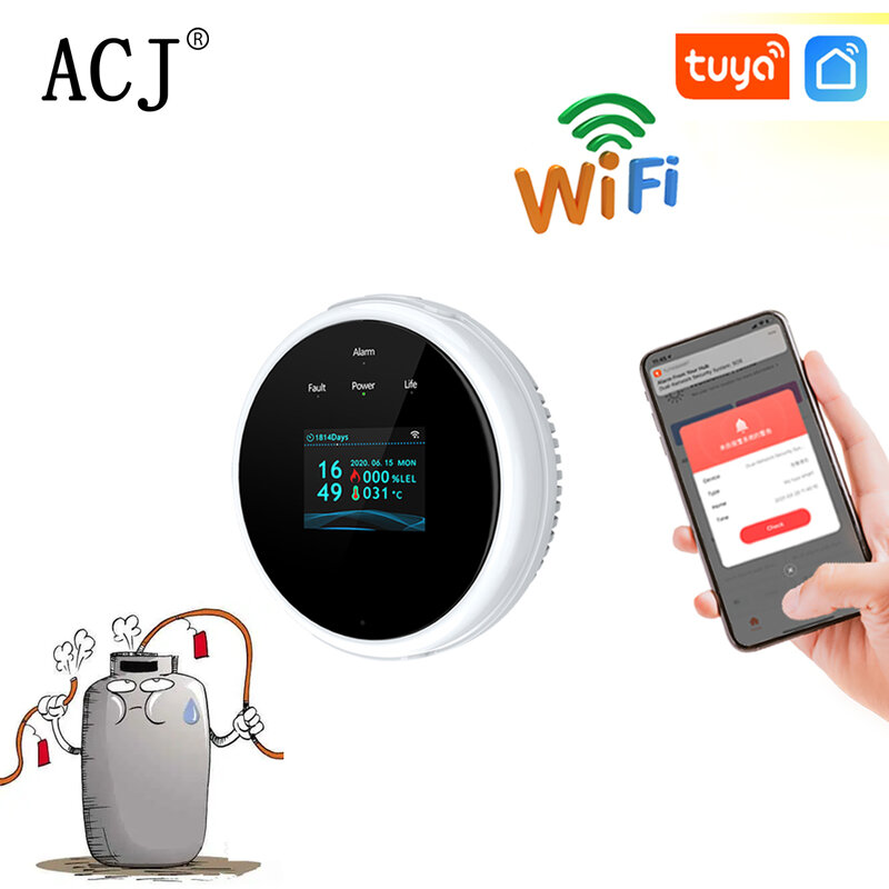 ACJ WiFi แก๊ส LPG รั่วธรรมชาติเชื้อเพลิงเครื่องตรวจจับก๊าซครัวเรือนนาฬิกาปลุกระบบเซ็นเซอร์สนับสนุน Tuya Smart Life APP