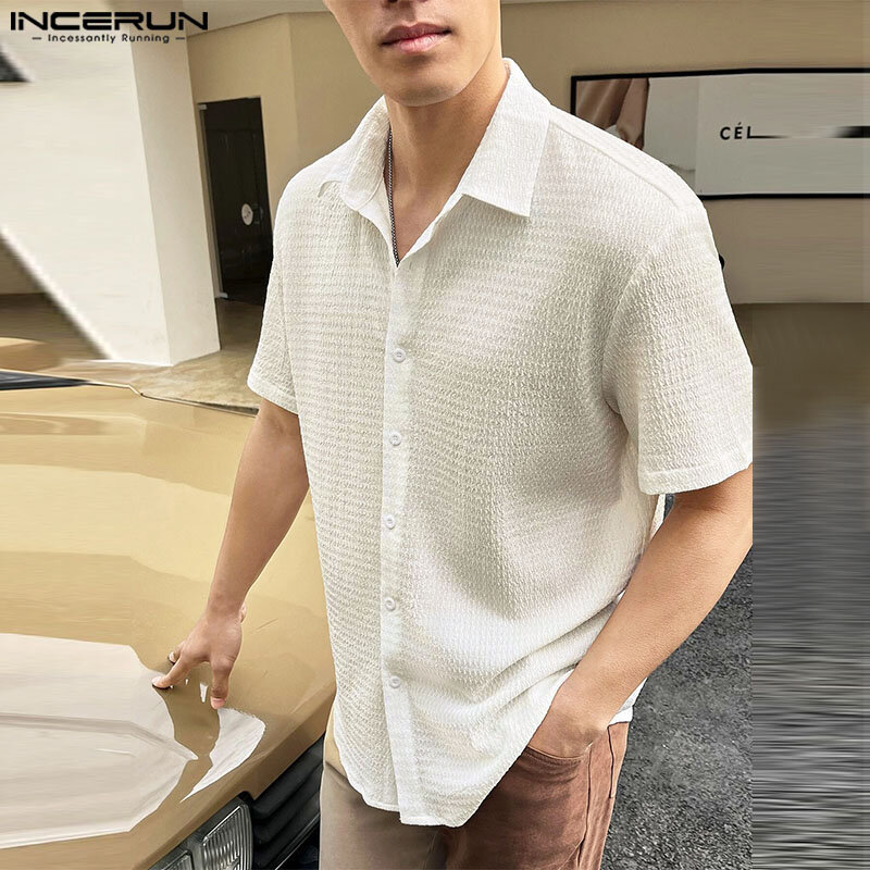 INCERUN-Camisa de manga corta con botones para hombre, ropa de calle de Color sólido, estilo coreano, informal, a la moda, para verano, 2024
