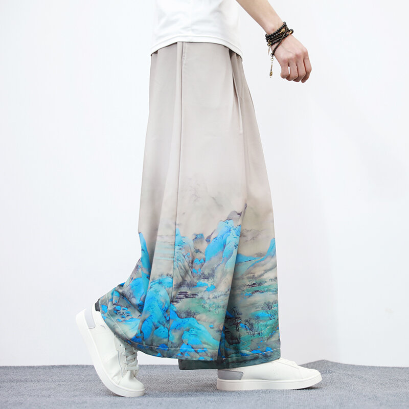 ملابس رجالية فضفاضة واسعة الساق السراويل Sinicism المتقدمة اللوحة الصينية المطبوعة بنطلون الرجال الصيف الترفيه السراويل حجم كبير 5XL