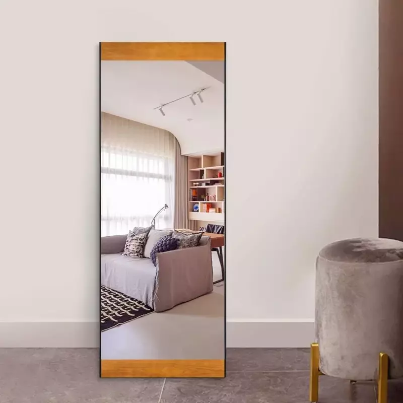 Grand miroir de sol rectangulaire pour chambre à coucher, miroir mural à cadre métallique avec placages en bois enrichis