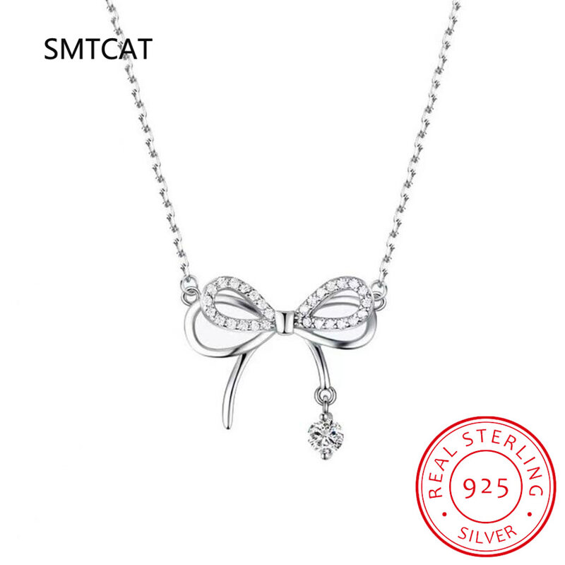 Authentic 925 Sterling Silver Fashion Elegant Shiny CZ Bowknot Pendant Necklace For Women Romantic Wedding Jewelry Gifts