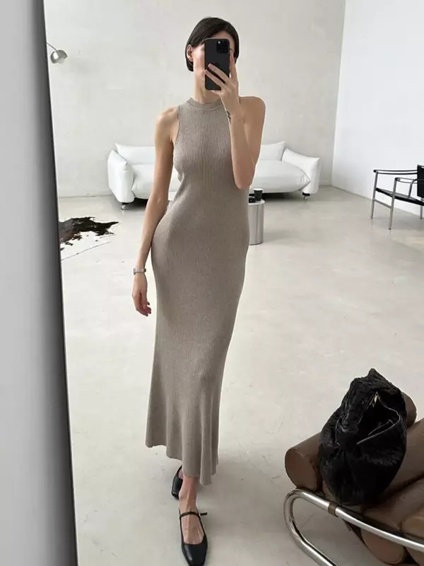 Tight Sleeveless Knitted Long Dress For Women Hip Wrap Solid Color Round Neck Elegant Sexy 2024 Summer New Knitwear Dress