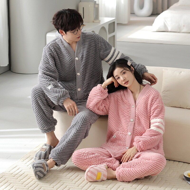 Conjuntos de pijamas de franela gruesa para hombre y mujer, ropa de dormir con dibujos animados coreanos, suave y cálida, 2 piezas, invierno, 2024