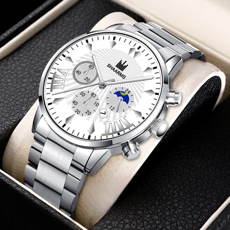 นาฬิกาสำหรับผู้ชายหรูหราผู้ชายสแตนเลสปฏิทินนาฬิกาบุรุษธุรกิจลำลองควอตซ์ทหารนาฬิกาข้อมือ relógio masculino