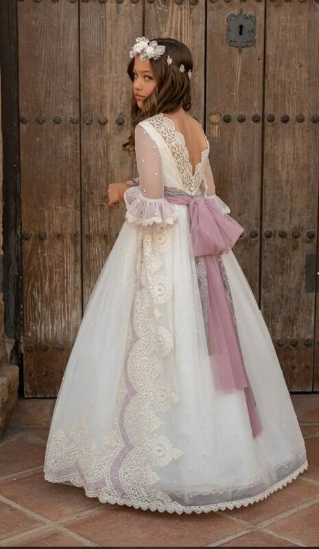 BABYONLINE czeska wróżka dziewczyna sukienka komunijna z kokardką pełna iluzja koronkowy rękaw dwuwarstwowy kwiatowy haft Mini kwiaty panny młodej