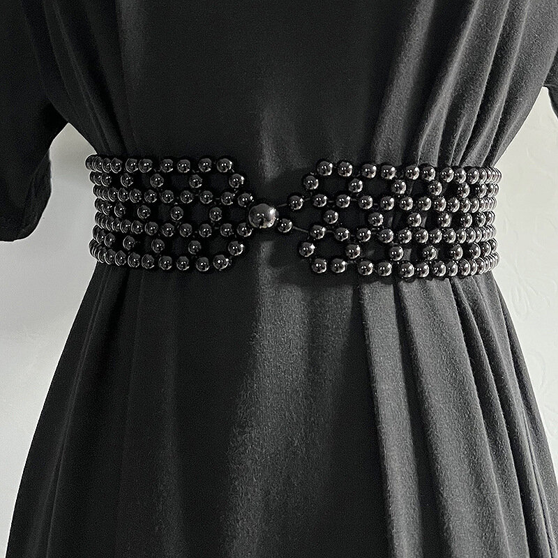 Cinturón Vintage de perlas blancas y negras para mujer, pretina con dijes de moda para vestido, cadena corporal elástica