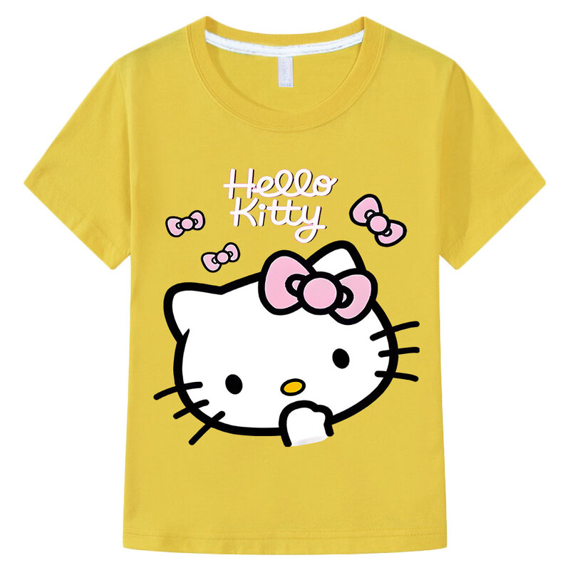 Hello Kitty pakaian anak-anak T-shirt katun 100% cetak kartun atasan imut musim panas anak perempuan anak laki-laki kaus Anime Y2k satu potong lengan pendek