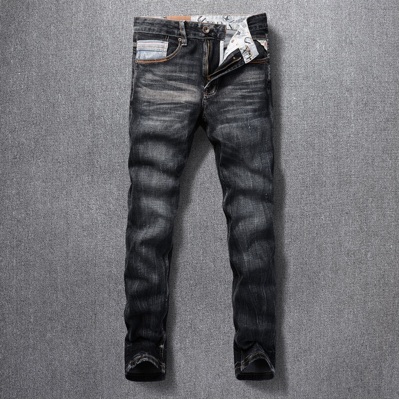 Jeans retrô rasgado estilo italiano masculino, calça jeans elástica, com ajuste justo, designer vintage, preta, cinza, alta qualidade, na moda