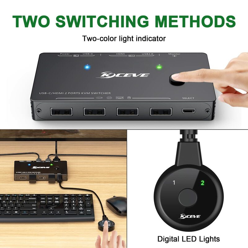 USB-C KVM Switch, 2 port KVM Switcher mendukung 4K @ 60Hz untuk 1 tipe-c dan 1 komputer HDMI untuk berbagi Keyboard Mouse dan Monitor HDMI