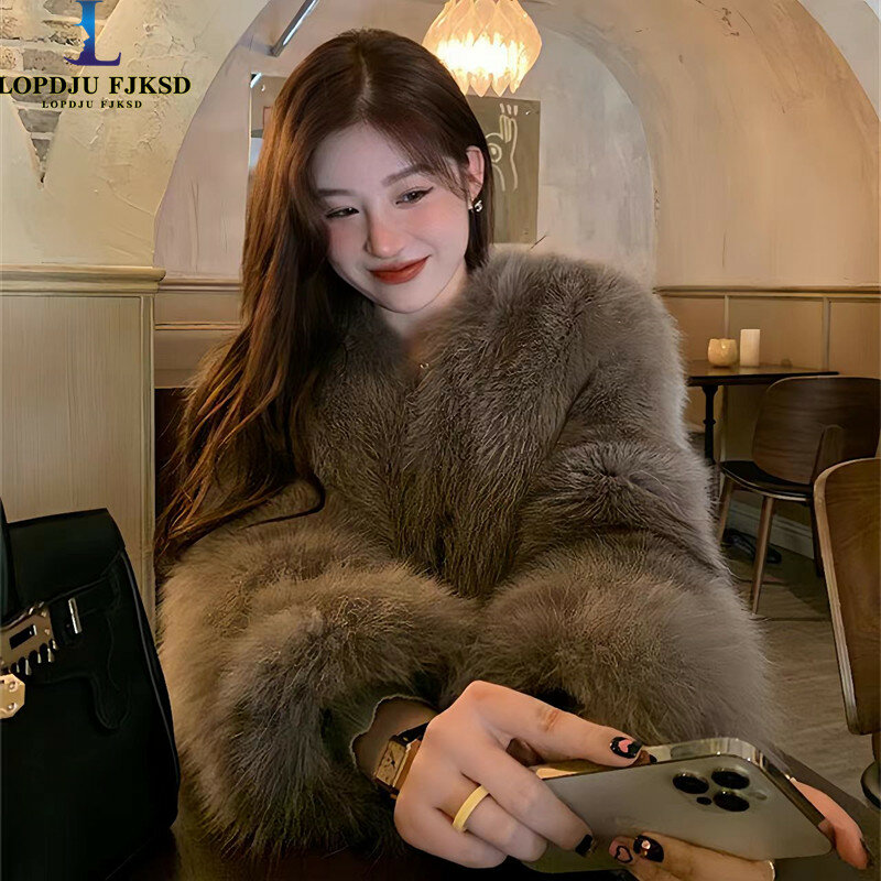 Faux Fox Fur Coat for Women,Korean Short Jackets, Thicken Overcoat, Casual,V-Neck, Female Clothe, New, Winter, 2023